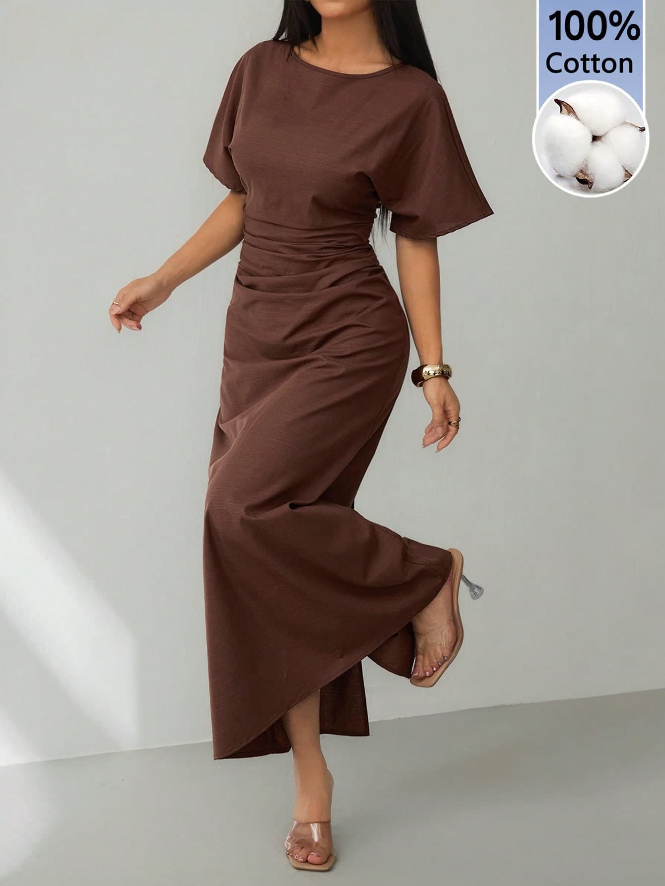 SHEIN PETITE שמלת קיץ בגזרת פשתן, לנשים קטנות קומה